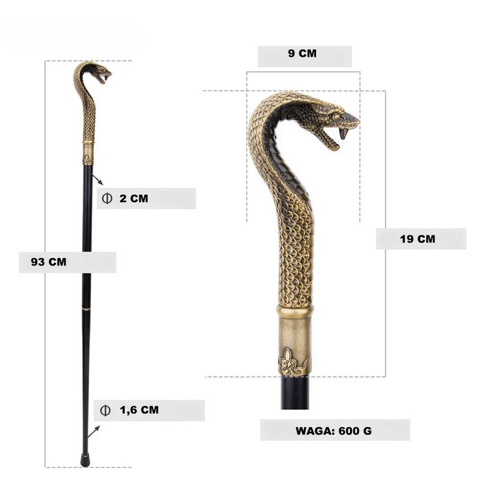 ZŁOTA METALOWA Laska Kolekcjonerska Kula Do Podpierania Głowa Węża