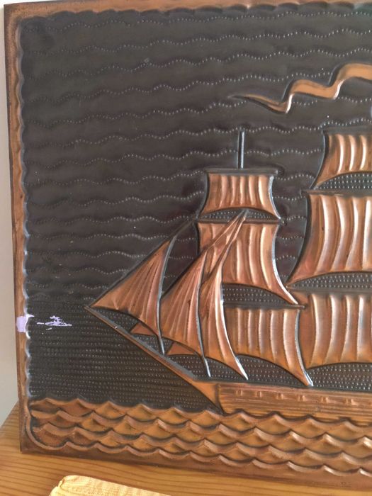 Żaglowiec, statek, obraz wypukły w miedzi, unikatowy 36x26