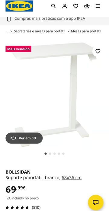 Mesa para portátil 
Suporte p/portátil, branco, 68x36 cm