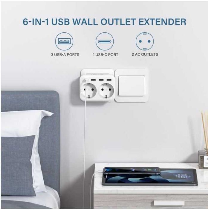 Tomada de parede dupla com USB e USB Type-C