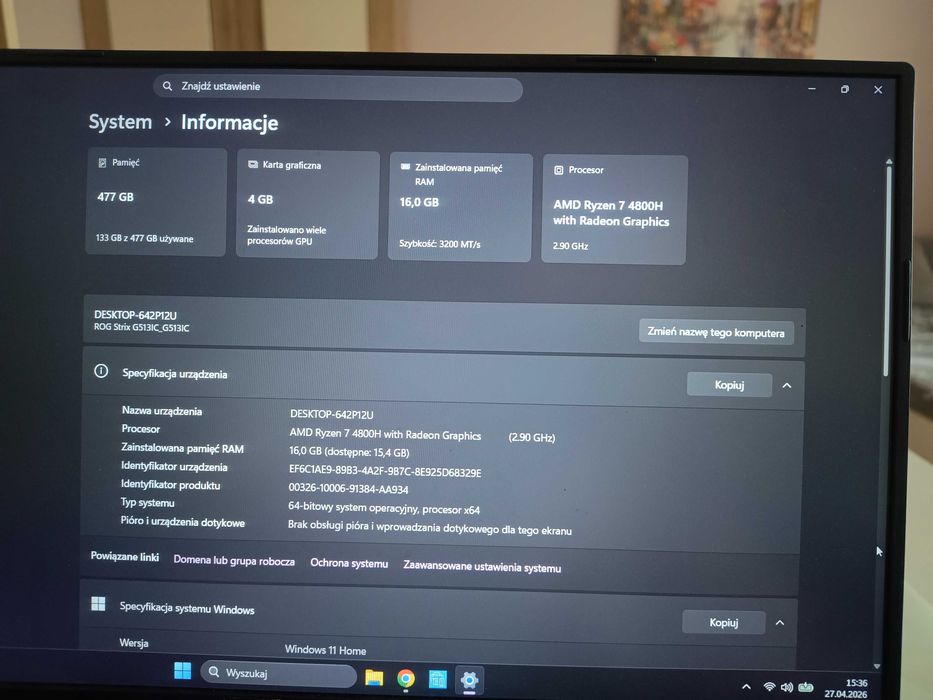 ASUS ROG Strix R7 4800H RTX 3050 16GB SSD Gaming OKAZJA Stan Bardzo Dobry