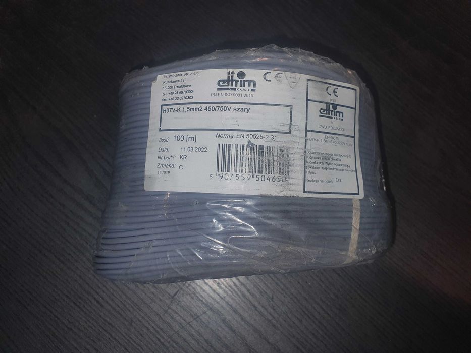 Przewód kabel jednożyłowy linka LgY 1,5mm2 1x1,5 H07V-K SZARY 100mb