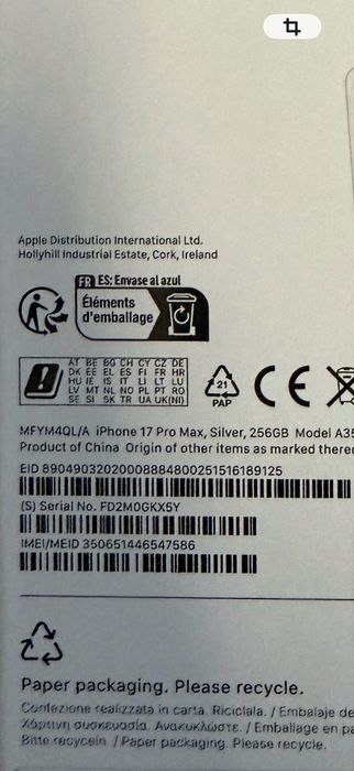 Iphone 17 pro Max 256GB Silver Novo.