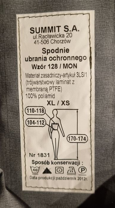 Spodnie ubrania ochronnego