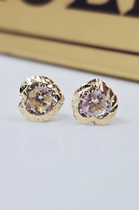 Złote kolczyki wtykane serca biała cyrkonia frezowane złoto próba 585