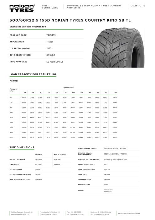 500/60R22.5 Nokian Country King 155D TL opona