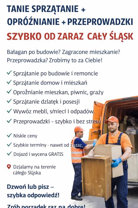 Tanie sprzatanie oproznianie przeprowadzki szybko od zaraz caly Slask