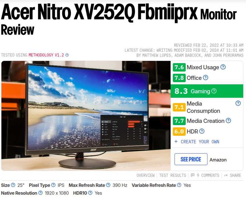 Monitor Acer Nitro XV252Q 1080p 360hz/oc390hz