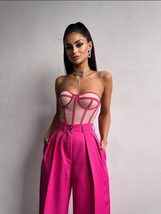 Жіночий корсетний топ бюстье з вставками сітки ( S розмір) малиновий