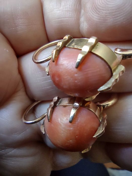 Stare złote 585 piękne duże kolczyki koral szlachetny angel skin