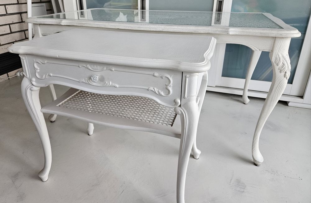 Ława drewno szyba plecionka wiedeńska bielone