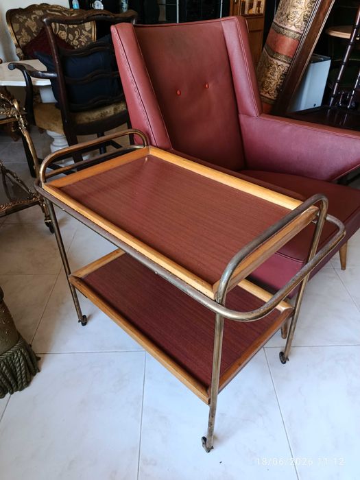 Carrinho de Chá Vintage Latão e Madeira 59 cm Anos 60