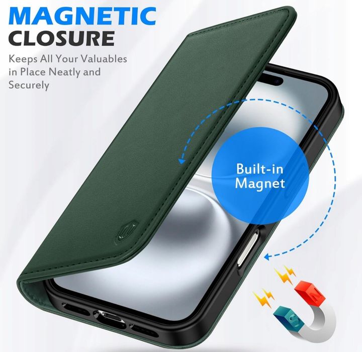 Skórzane ETUI CASE iPhone 16 SHIELDON zielone możliwość rozdzielenia