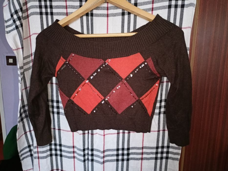 326 krótki sweterek vintage rękaw 3/4 brąz r. S