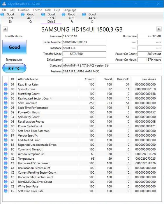 dysk hdd Samsung HD154UI 1,5 tb - niecałe 1900 godzin pracy