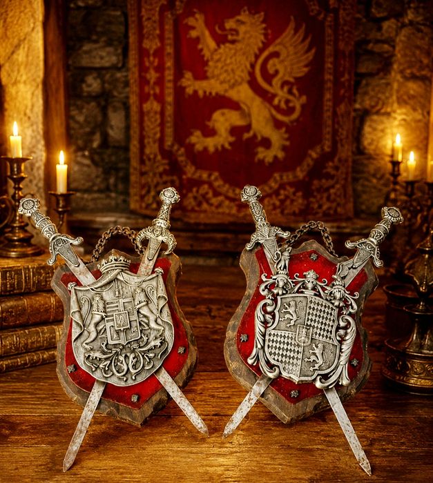 2 Brasão armas Escudo Medieval Cavaleiro caixas madeira Vintage antigo