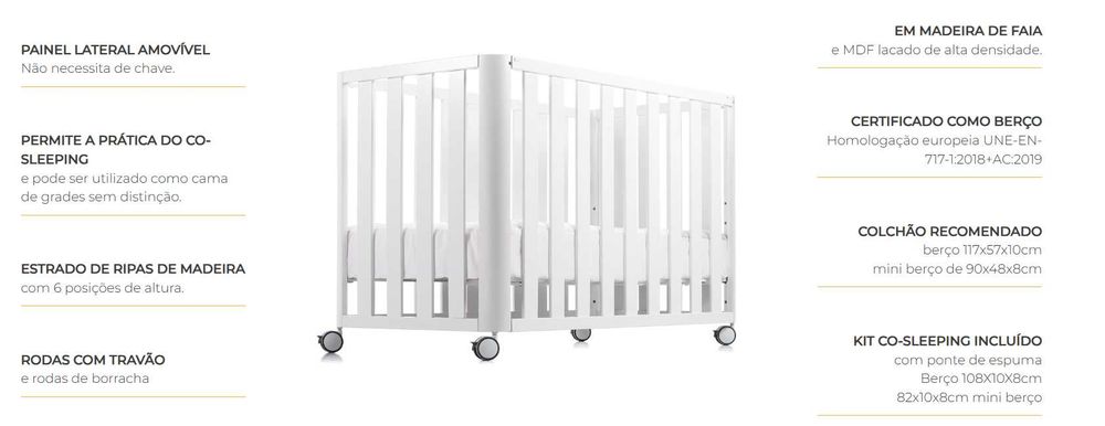 berço branco doco sleeping 120x60 com rodinhas + colchão