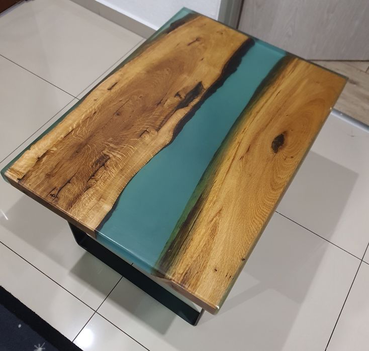 Stół z żywicy epoksydowej, 70x50x45, turkus dąb