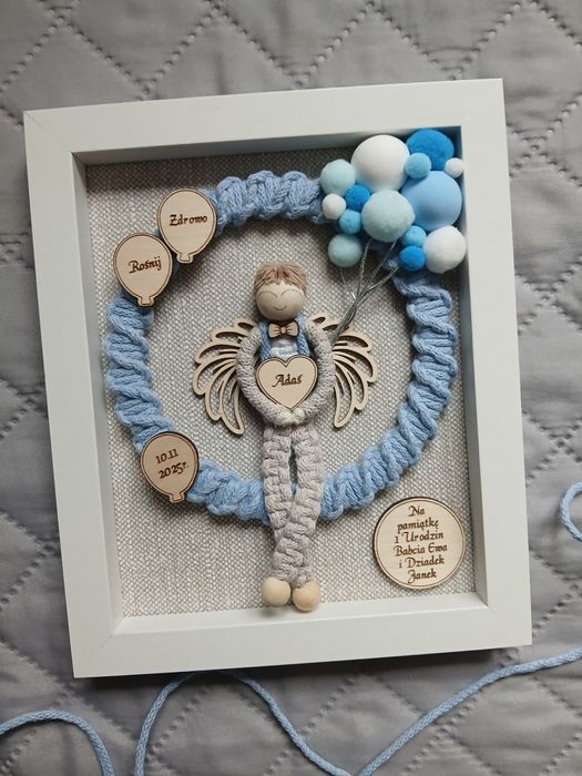 Aniołek na roczek upominek ramka makrama prezent pierwsze urodziny