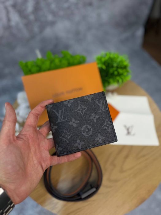 Набір Louis Vuitton чорний ремінь + гаманець Lv набор Луи Витон Лв | Набор Луї Вітон чоловічий чорний пасок Лв 105 см ремінь Louis Vuitton чорний