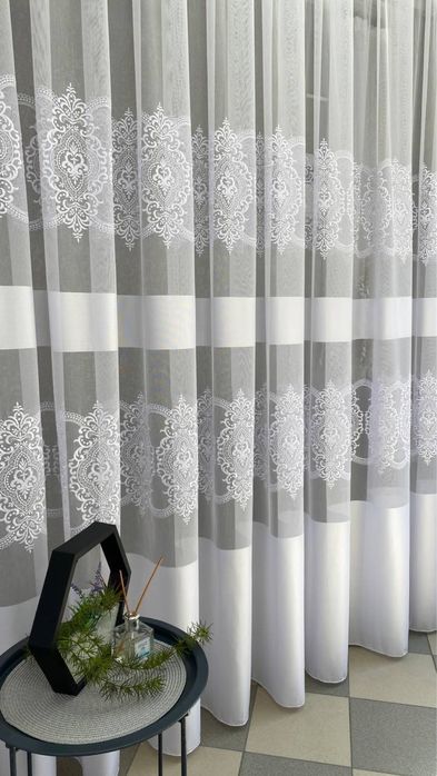 Тюль бамбук з вишивкою та атласною стрічкою