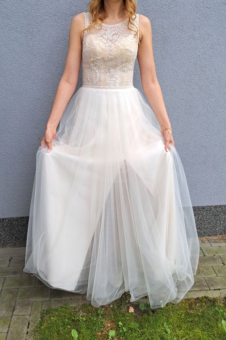 Suknia ślubna długa dla wysokiej panny młodej ecru roz 40/42