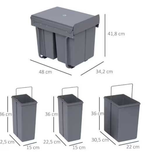 Cubos de Lixo para Cozinha com 3 recipientes - Metal e Plástico Cinza