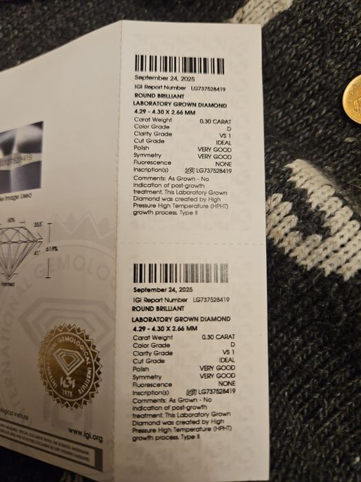Diament lab-grown 0,30 ct D VS1 IGI Ideal – certyfikat – OKAZJA