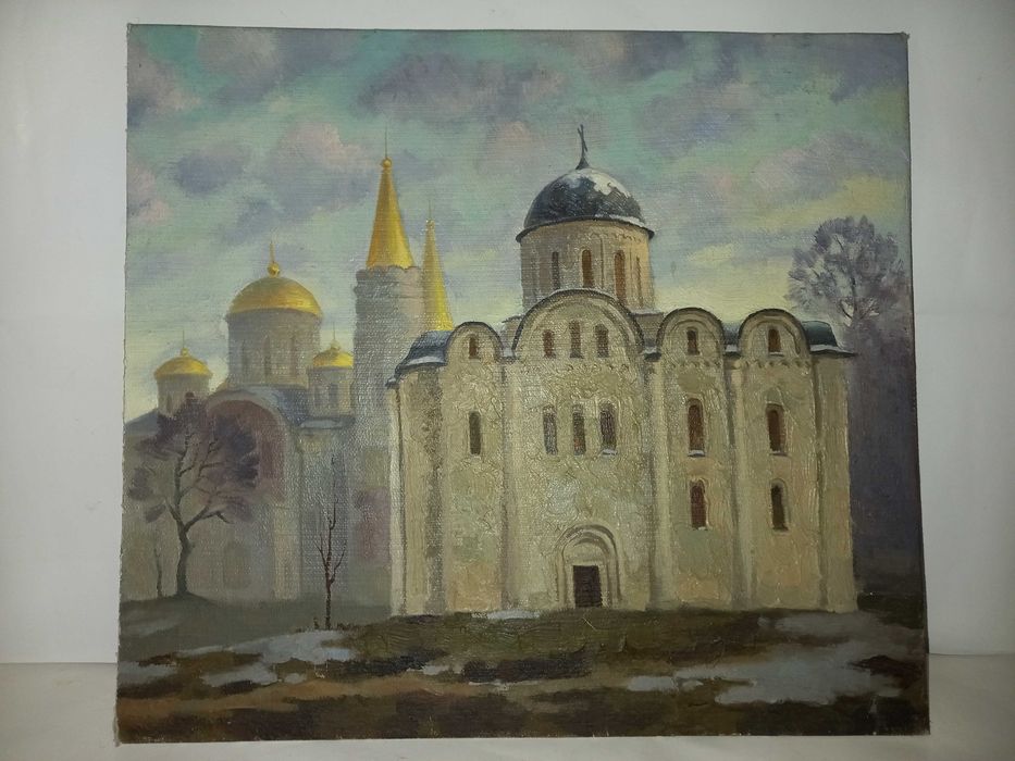 Картина маслом Этюд Церковь Собор Сельский пейзаж Холст на картоне
