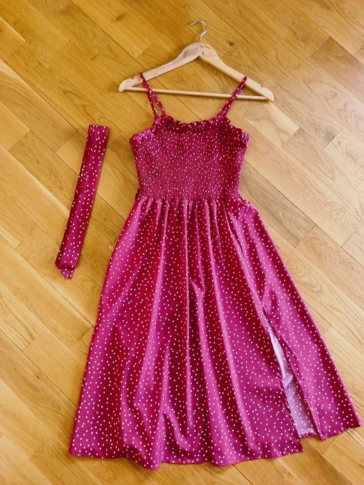 Letnia sukienka midi 36 , S bordowa w kropki