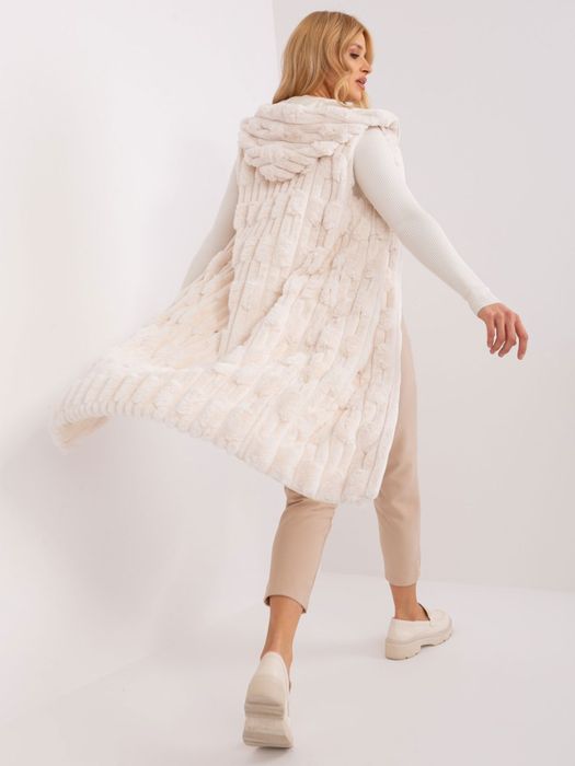 Długa Kamizelka Futrzana Ecru z Kapturem Ocieplana Elegancka M/L