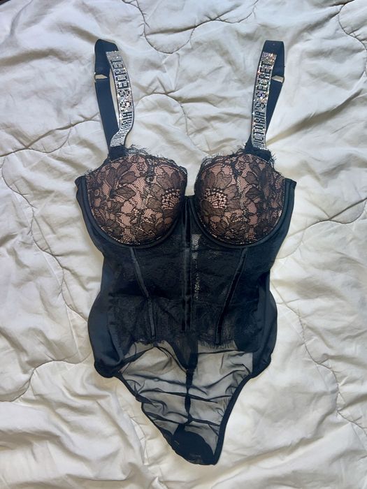 Body Victoria's Secret srebrne cyrkonie kryształki czarna koronka M 38 bielizna dla kobiet gry sexy shine atrap oryginalne