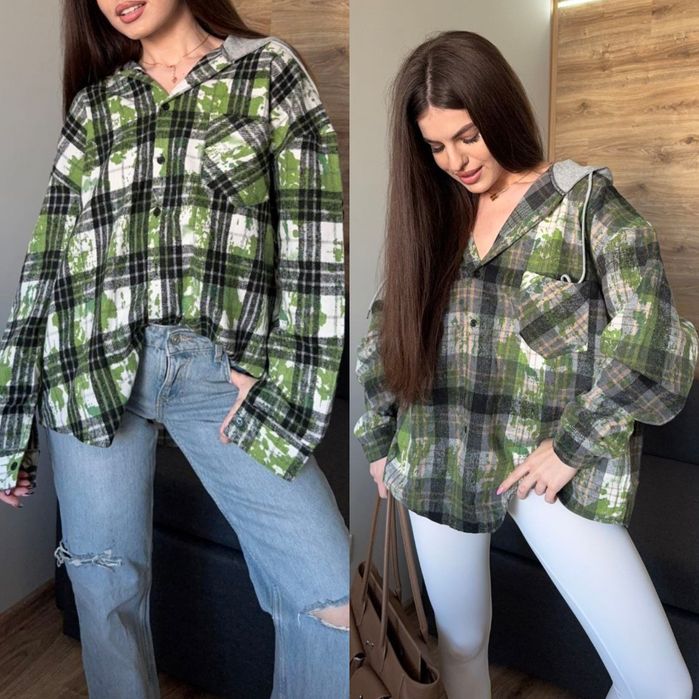 до 50р. Оверсайз Байкова Сорочка у клітинку, жіноча з капюшоном