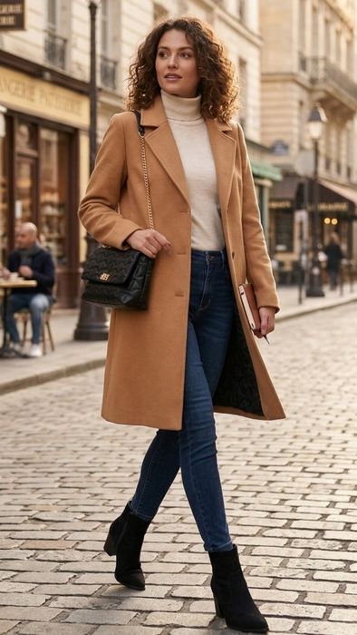 Elegancki, modny płaszczyk jesienny karmelowy , stan IDEALNY