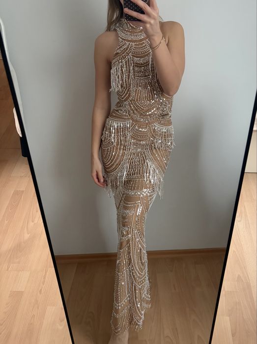 Bogato zdobiona sukienka koraliki frędzle cekiny rozmiar xs wesele