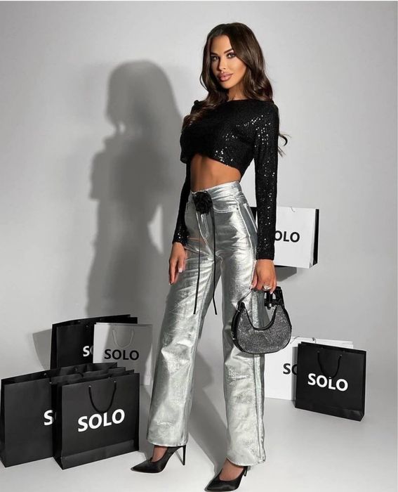 Брюки женские эко-кожа, серебро ,42-44