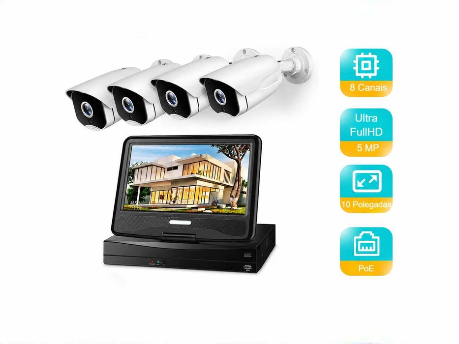 Kit Câmaras Videovigilância NVR Ecrã 10" + 4 Câmaras PoE 5MP Exterior - NOVO