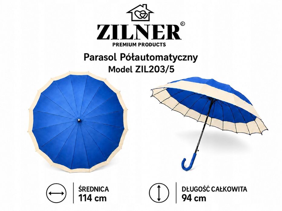 Parasol Półautomatyczny Zilner ZIL203/5 Mocny 16 Drutów 114 cm Niebieski