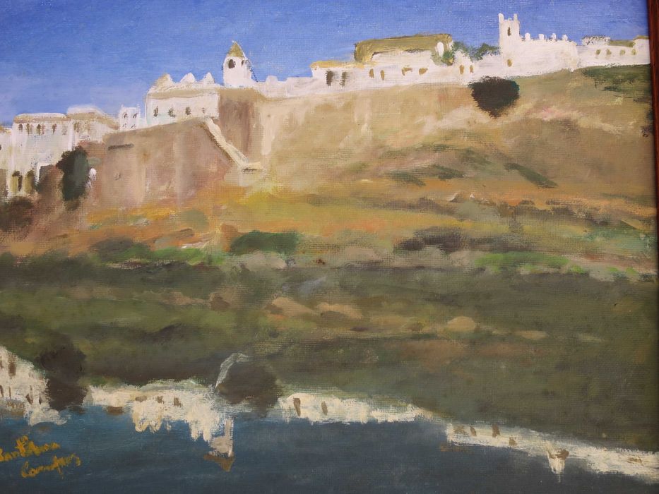 Pintura a óleo de Mértola paisagem muralha quadro tela arte emoldurada