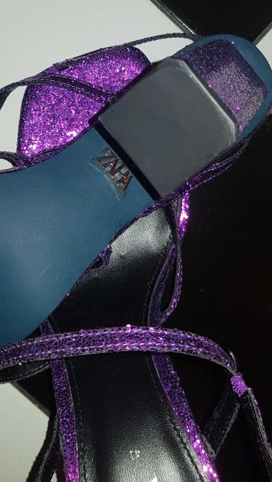 Nowe fioletowe błyszczące brokatowe szpilki obcasy Zara rozm. 41