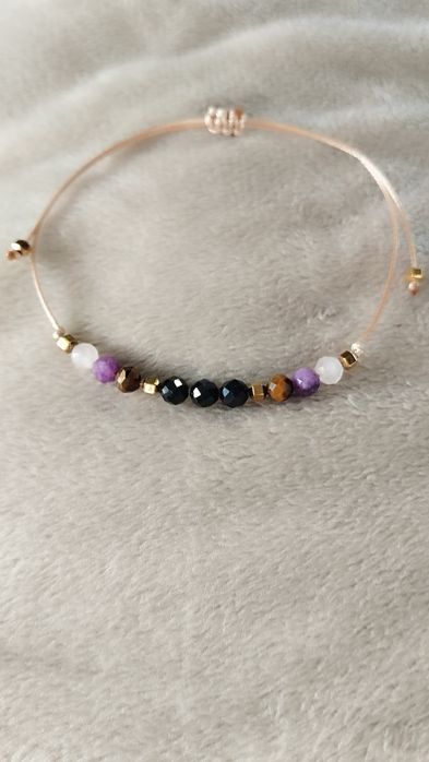 Bransoletka z kamieni czarny turmalin+ametyst+tygrysie oko+kwarc różow