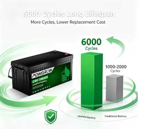 POWGROW 6000 Cycles Deep Cycle LiFePO4 Battery 24V 100AH
