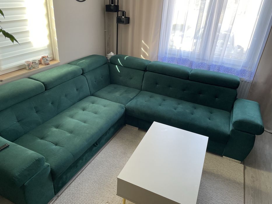 Narożnik duży Aslan, butelkowa zieleń, f. spania, ruchome zagłówki :)