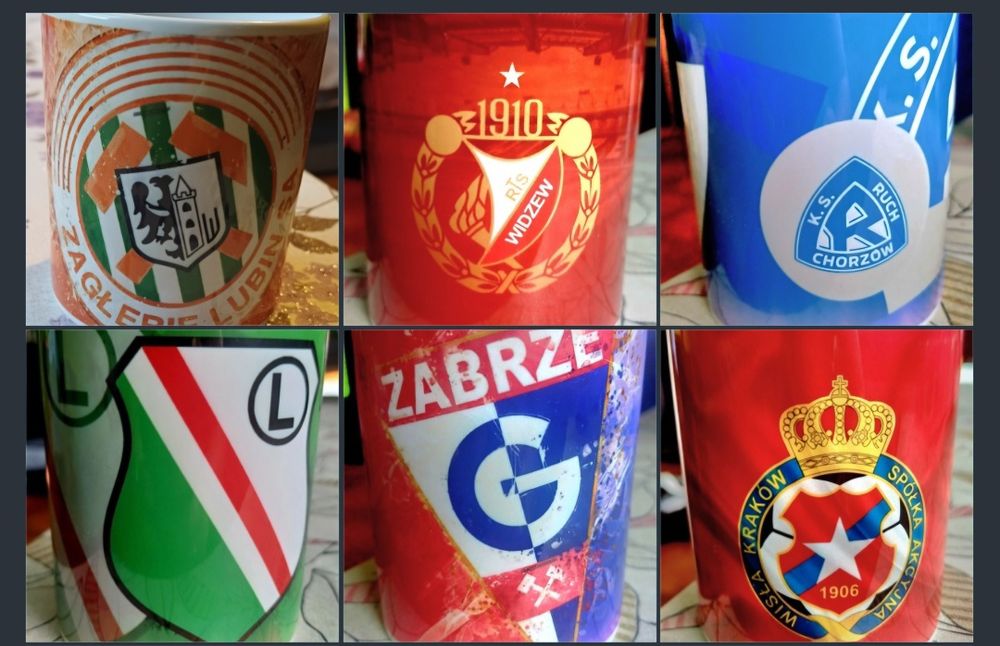 Zestaw prezentowy dla kibica 6 kubkow Ekstraklasa Legia, Wisła, Zabrze