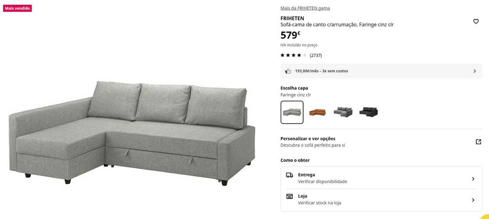 IKEA FRIHETEN sofá-cama de canto c/arrumação, cinz