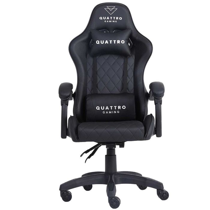 Fotel gamingowy Quattro Carbon – Głęboka czerń, wykończenie premium, wysuwany podnóżek i komfort klasy biznes do biura i domu.