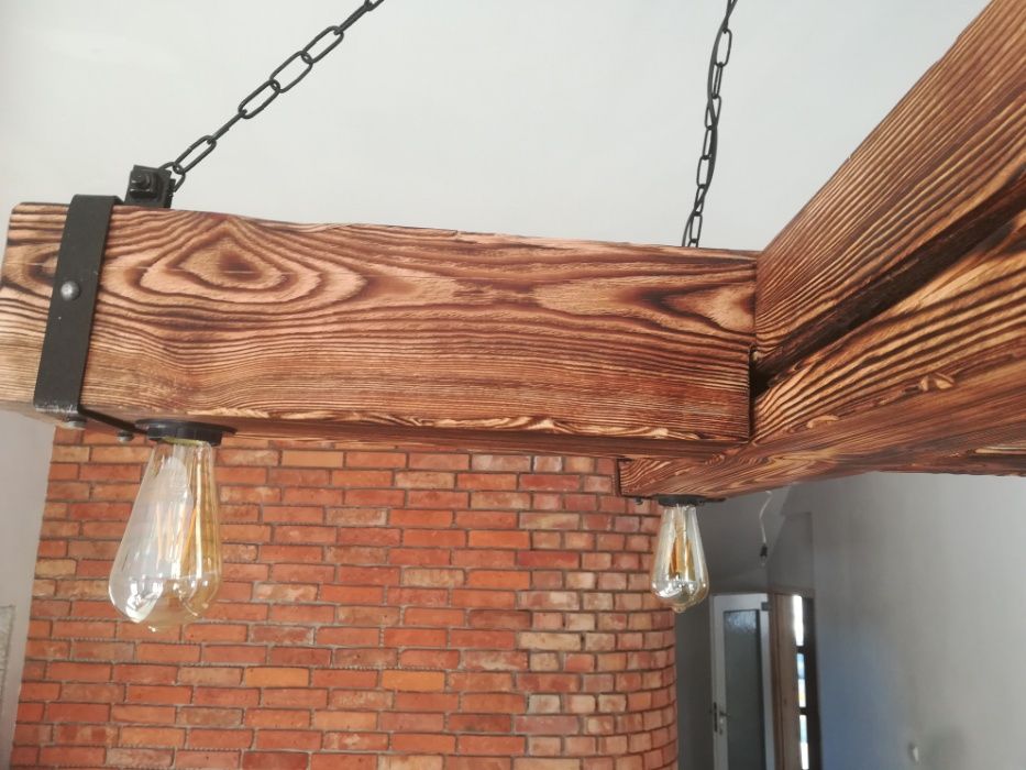 Drewniana lampa wisząca, żyrandol RETRO, postarzana belka, Vintage
