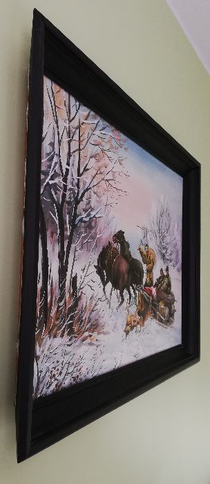 obraz , płótno , konie , sanie , wilki