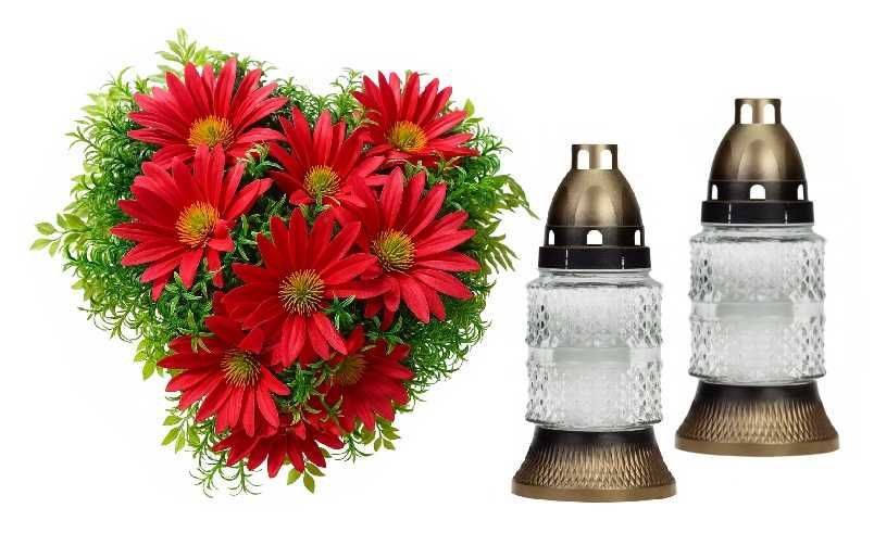 Stroik Nagrobny Serce Czerwone | 2X Znicz Biały | Stabilizowany