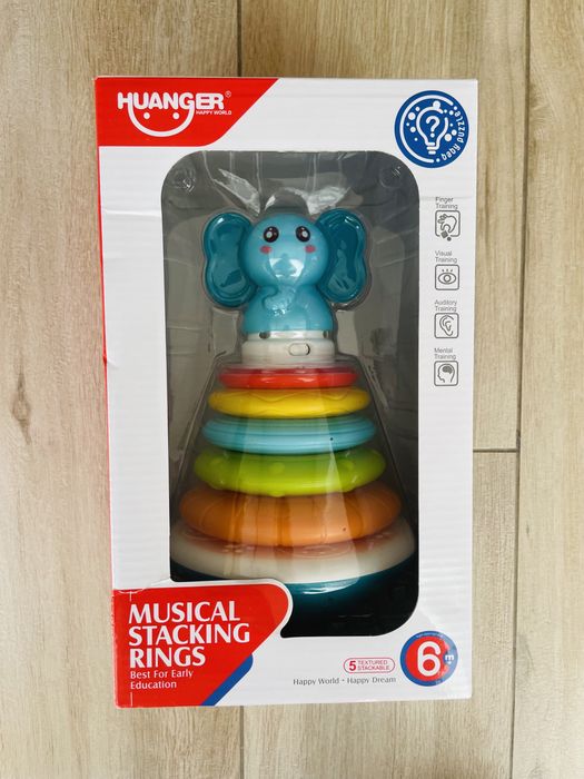 Пірамідка-неваляшка слоненя maya toys, розвивальна іграшка для малюків із кільцями та звуком, дитяча пірамідка